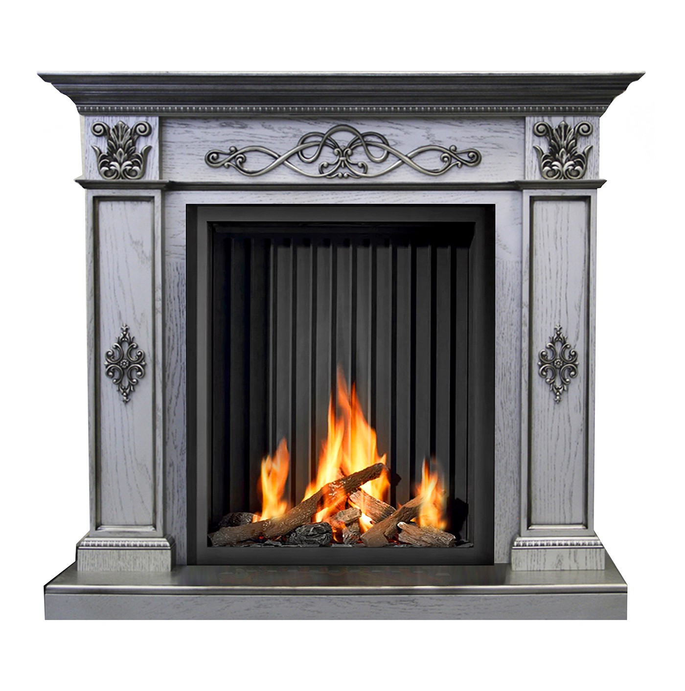 Camino a Legna in Stile Classico Grigio con Finiture Decorative in Ferro Battuto